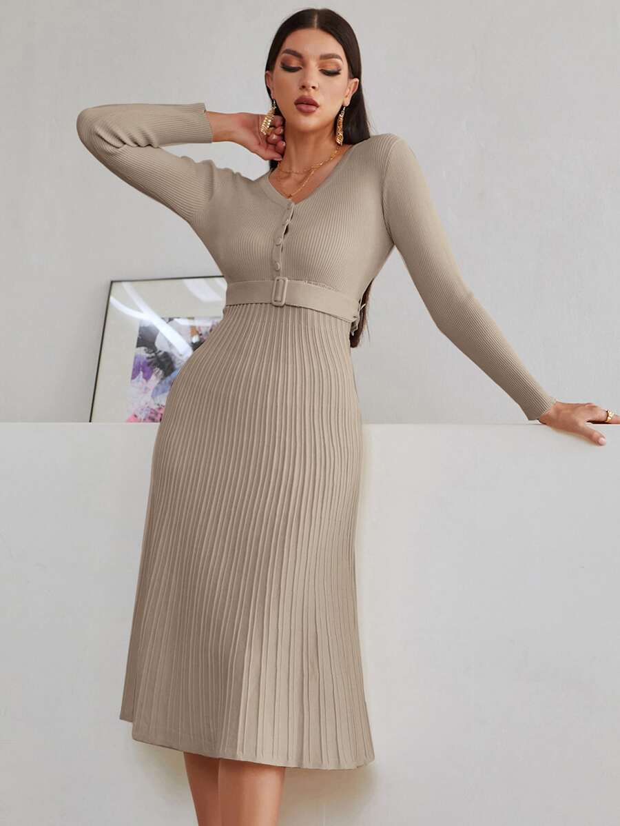 Modelyn Ladies áo len váy Thắt lưng Xếp li màu trơn Thanh lịch - Màu Khaki - Xem 1