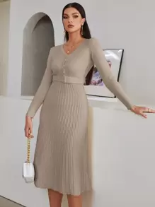 Modelyn Ladies áo len váy Thắt lưng Xếp li màu trơn Thanh lịch - Màu Khaki - Xem 3