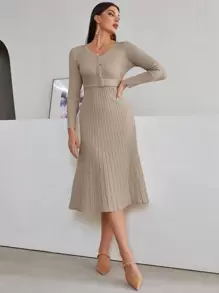 Modelyn Ladies áo len váy Thắt lưng Xếp li màu trơn Thanh lịch - Màu Khaki - Xem 5