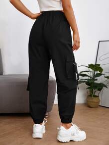 SHEIN PETITE 彈性腰帶翻蓋口袋扣飾工裝褲