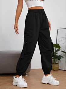 SHEIN PETITE 彈性腰帶翻蓋口袋扣飾工裝褲