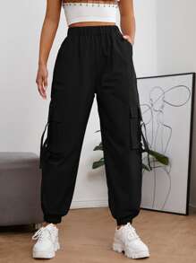 SHEIN PETITE 彈性腰帶翻蓋口袋扣飾工裝褲