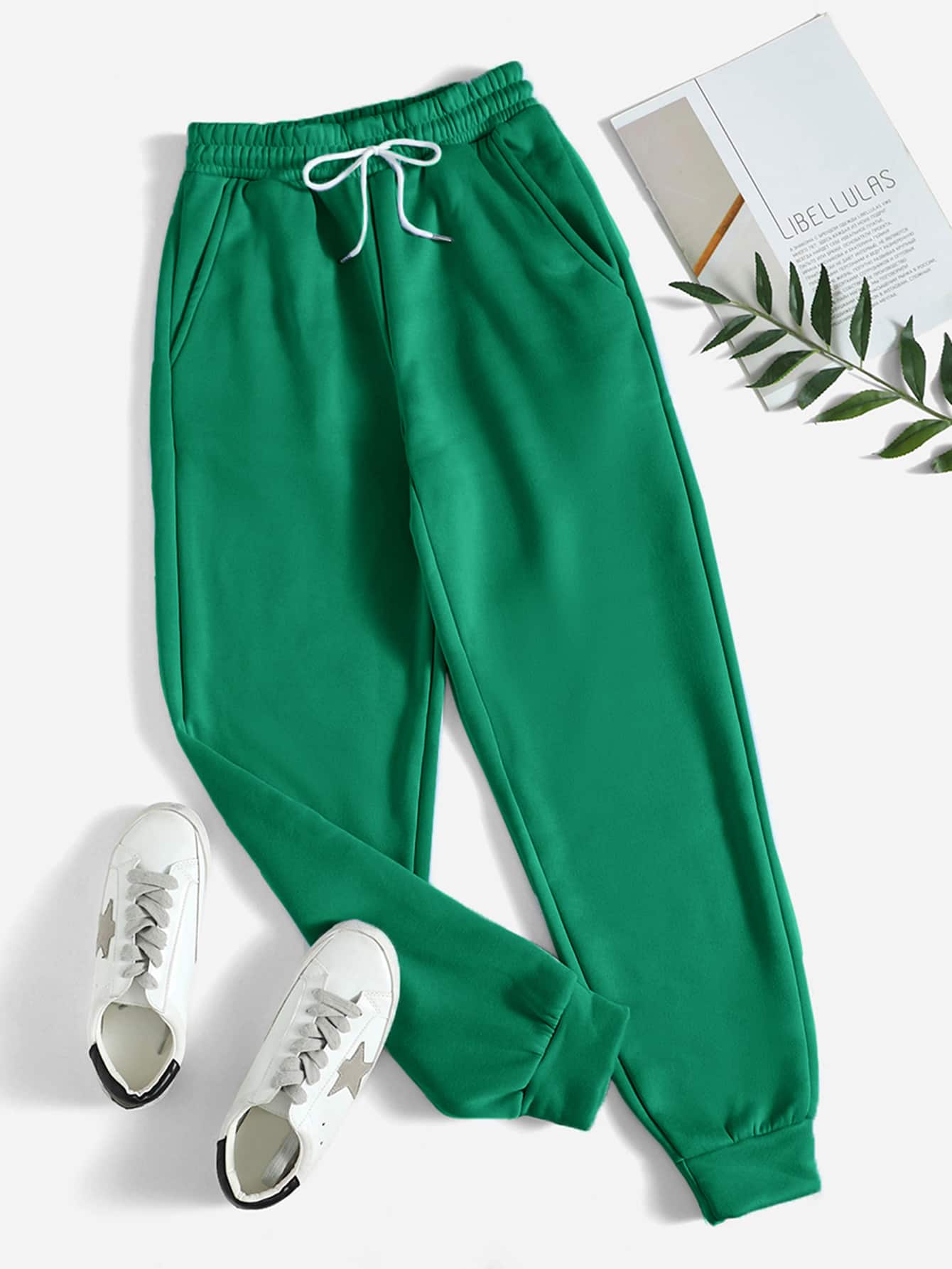 SHEIN PETITE Slant Pocket Drawstring Joggers - Green - View 1