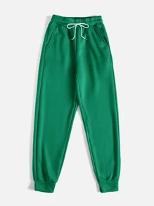 SHEIN PETITE Slant Pocket Drawstring Joggers - Green - View 3