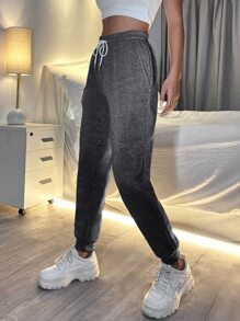 SHEIN PETITE Pantalones deportivos con bolsillo oblicuo con cordón - Gris Oscuro - Ver 3