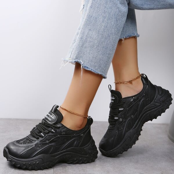 

Minimalist Lace-up Front Chunky Sneakers, Black