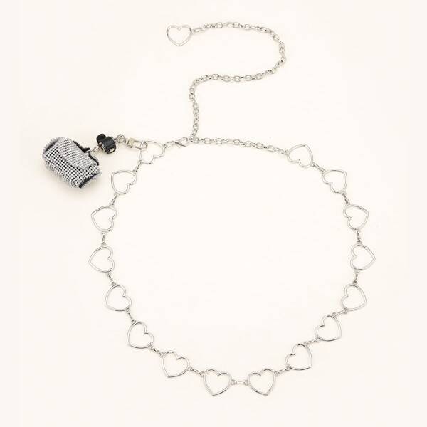 

Rhinestone Bag & Heart Decor Chain Belt, Silver