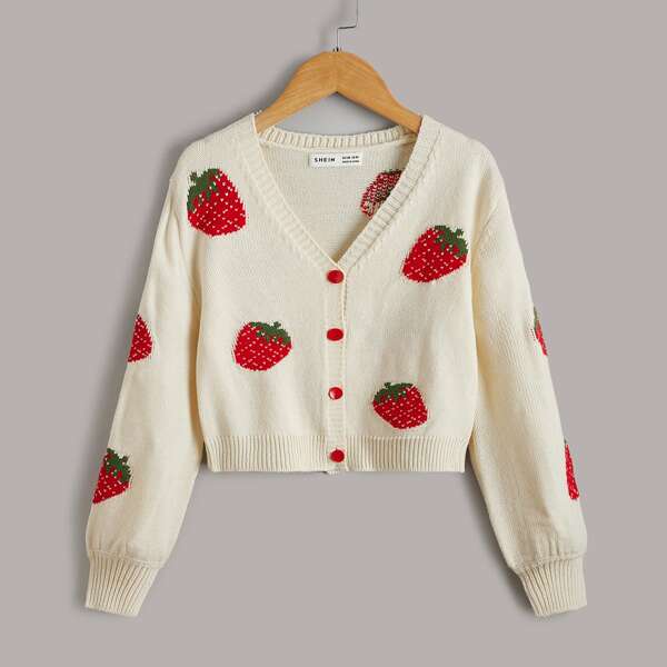 

Girls Strawberry Pattern Drop Shoulder Cardigan, Multicolor