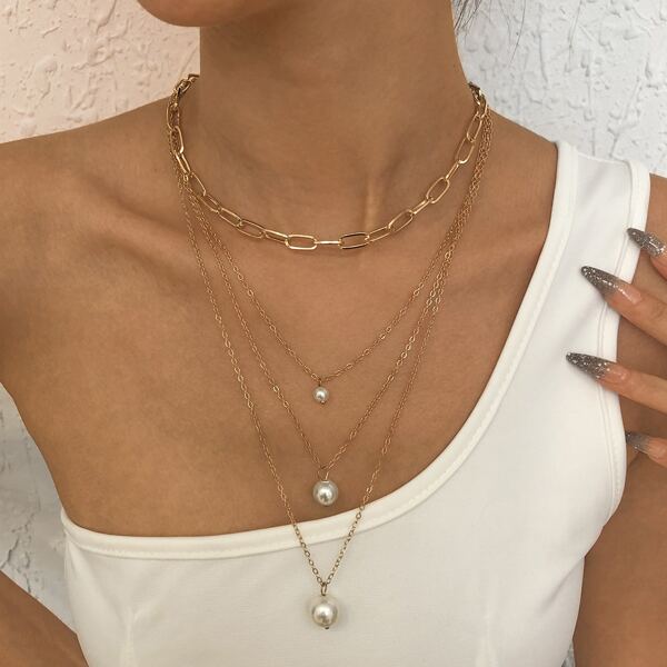 

Faux Pearl Charm Layered Necklace, Gold