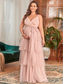 EVERPRETTY Maternity Plus Layered Hem Belted Mesh Dress - Baby Pink - View 2
