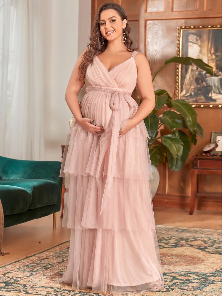 EVERPRETTY Maternity Plus Layered Hem Belted Mesh Dress - Baby Pink - View 3