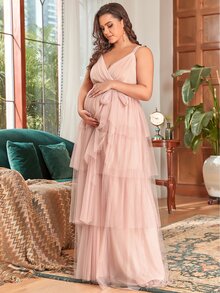 EVERPRETTY Maternity Plus Layered Hem Belted Mesh Dress - Baby Pink - View 5