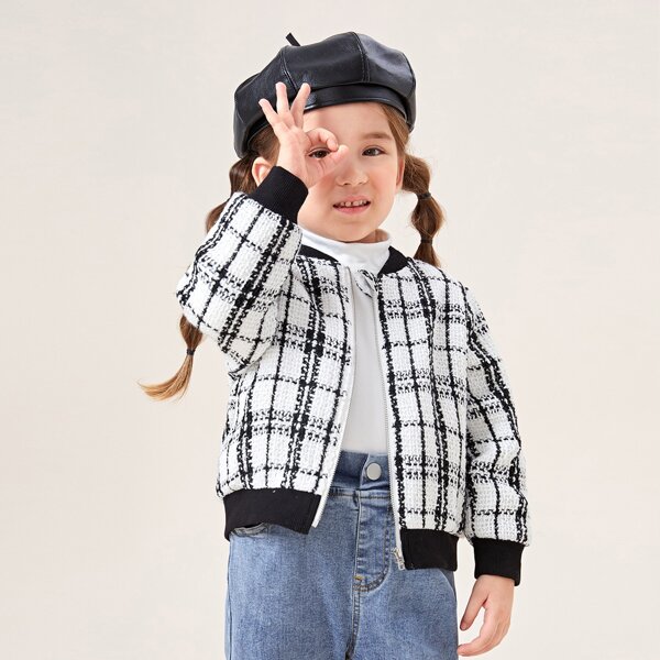 

Toddler Girls Plaid Zipper Tweed Bomber Jacket, Black and white
