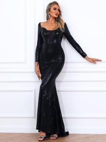 Missord Mesh Insert Geo Sequin Mermaid Hem Prom Dress - Black - View 1