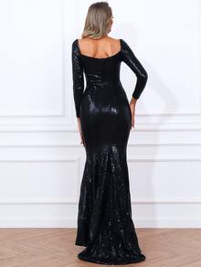 Missord Mesh Insert Geo Sequin Mermaid Hem Prom Dress - Black - View 2