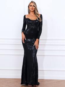 Missord Mesh Insert Geo Sequin Mermaid Hem Prom Dress - Black - View 3