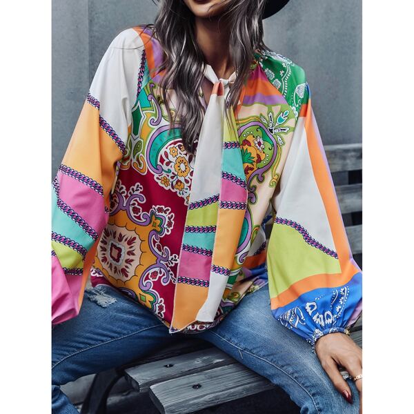 

Floral And Paisley Print Tie Front Bishop Sleeve Blouse, Multicolor