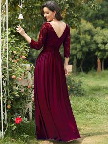 EVERPRETTY V-Back Lace Bodice Chiffon Bridesmaid Dress Elegant Dress - Maroon - View 2