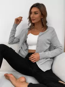 AAmilife Ribbed Knit Button Front Cardigan,Long Sleeve Tops - Light Grey - View 4