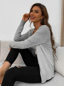 AAmilife Ribbed Knit Button Front Cardigan,Long Sleeve Tops - Light Grey - View 5