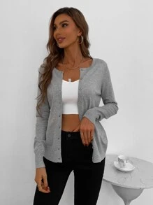 AAmilife Ribbed Knit Button Front Cardigan,Long Sleeve Tops - Light Grey - View 7