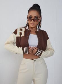 SHEIN Unity Letter Patched Striped Trim Drop Shoulder Crop Varsity Jacket - Multicolor - View 1