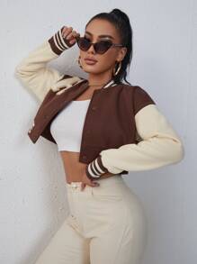 SHEIN Unity Letter Patched Striped Trim Drop Shoulder Crop Varsity Jacket - Multicolor - View 3
