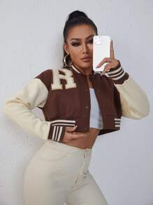 SHEIN Unity Letter Patched Striped Trim Drop Shoulder Crop Varsity Jacket - Multicolor - View 4