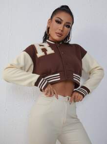 SHEIN Unity Letter Patched Striped Trim Drop Shoulder Crop Varsity Jacket - Multicolor - View 5