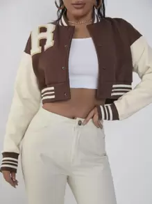 SHEIN Unity Letter Patched Striped Trim Drop Shoulder Crop Varsity Jacket - Multicolor - View 6