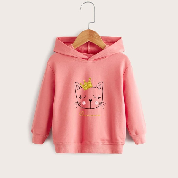 

Toddler Girls Cartoon & Letter Graphic Hoodie, Coral pink