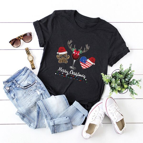 

Christmas Print Round Neck Tee, Black