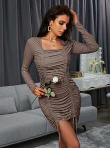 SHEIN Privé Đầm Dây kéo Xù màu trơn Giải trí - Màu nâu  Mocha - Xem 1