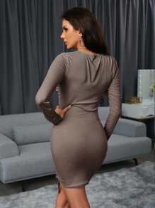 SHEIN Privé Đầm Dây kéo Xù màu trơn Giải trí - Màu nâu  Mocha - Xem 2