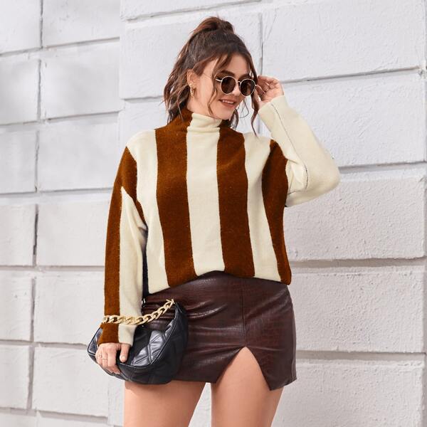 

Plus Color Block Mock Neck Drop Shoulder Sweater, Multicolor