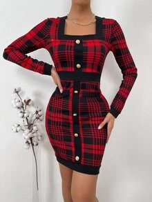 Plaid Print Square Neck Bodycon Dress - Multicolor - View 4