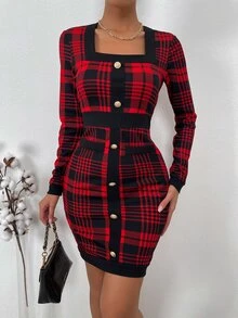 Plaid Print Square Neck Bodycon Dress - Multicolor - View 5