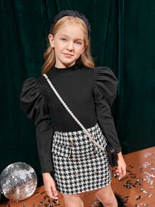 SHEIN 女孩羊腿袖上衣和千鳥格印花粗花呢半身裙 - 黑色 - 查看 3