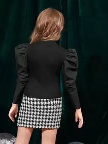 SHEIN 女孩羊腿袖上衣和千鳥格印花粗花呢半身裙 - 黑色 - 查看 2