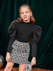 SHEIN 女孩羊腿袖上衣和千鳥格印花粗花呢半身裙 - 黑色 - 查看 4
