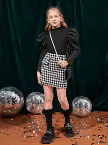 SHEIN 女孩羊腿袖上衣和千鳥格印花粗花呢半身裙 - 黑色 - 查看 5