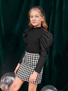 SHEIN 女孩羊腿袖上衣和千鳥格印花粗花呢半身裙 - 黑色 - 查看 6