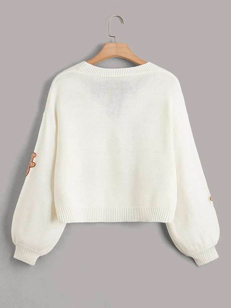 Muchica קרדיגן רקמת דוב כתף, חולצות שרוולים ארוכים - לבן - ראה 2