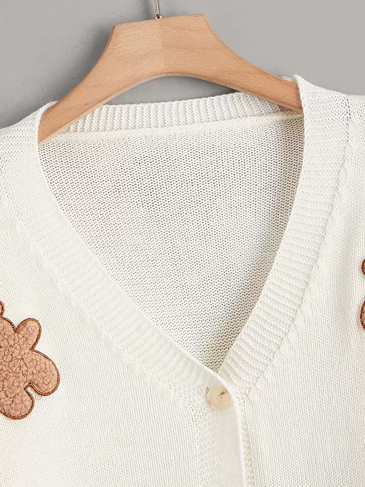 Muchica קרדיגן רקמת דוב כתף, חולצות שרוולים ארוכים - לבן - ראה 3