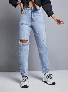 Jeans mom desgarro de talle alto - Lavado ligero - Ver 1