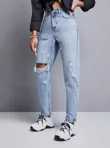 Jeans mom desgarro de talle alto - Lavado ligero - Ver 4