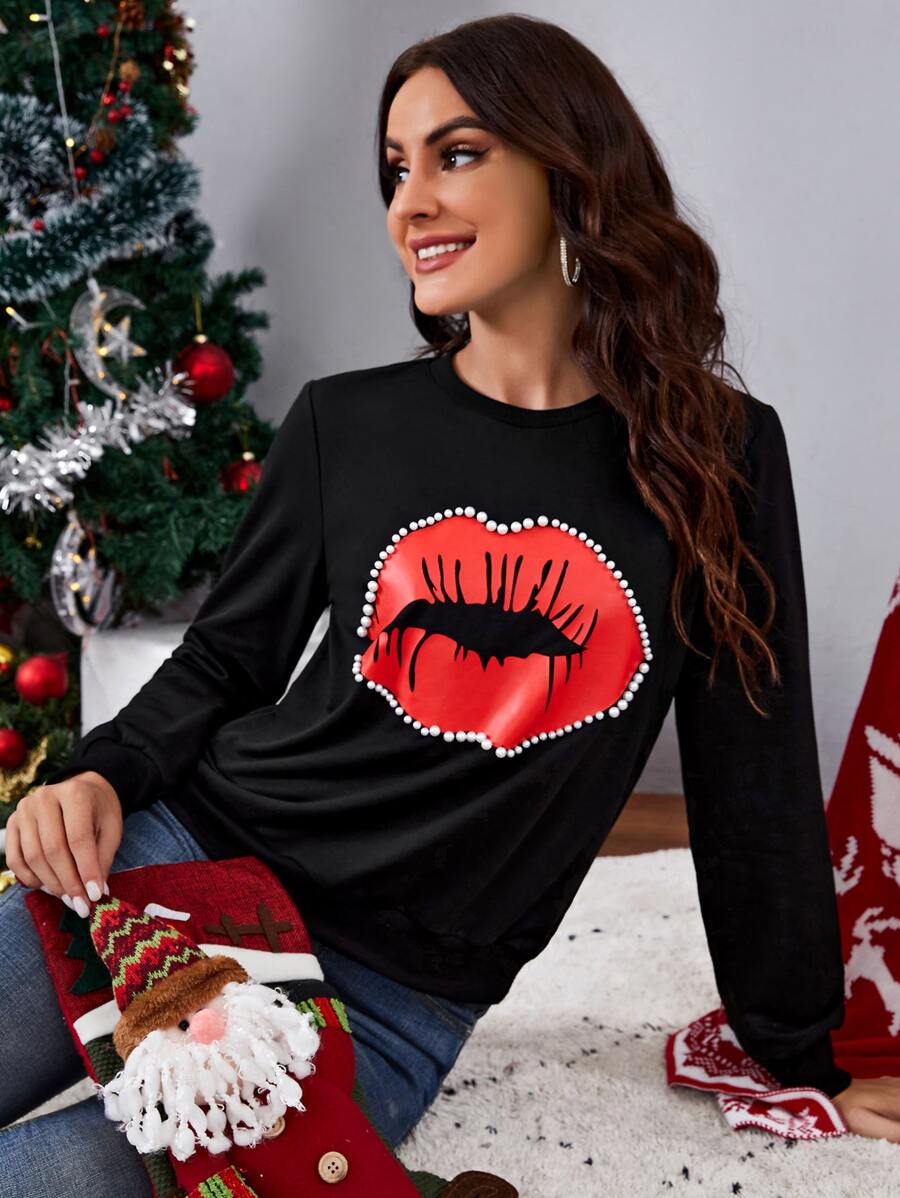 SHEIN Lip Print Pearl Beaded Pullover - Black - View 1
