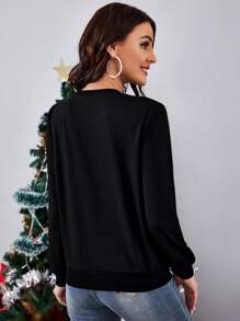 SHEIN Lip Print Pearl Beaded Pullover - Black - View 2