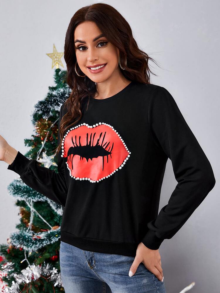 SHEIN Lip Print Pearl Beaded Pullover - Black - View 4