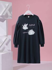 Cremechii Girls Slogan & Rabbit Print Drop Shoulder Sweatshirt Dress - Navy Blue - View 1
